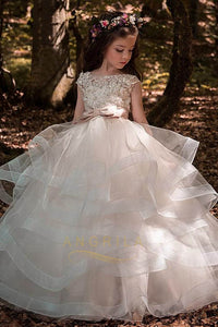 Ball-Gown Scoop Neck Champagne Flower Girl Dress with Bow(s)