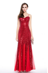 Spaghetti Straps Sleeveless Sheath/Column Long Sequined Evening Dresses