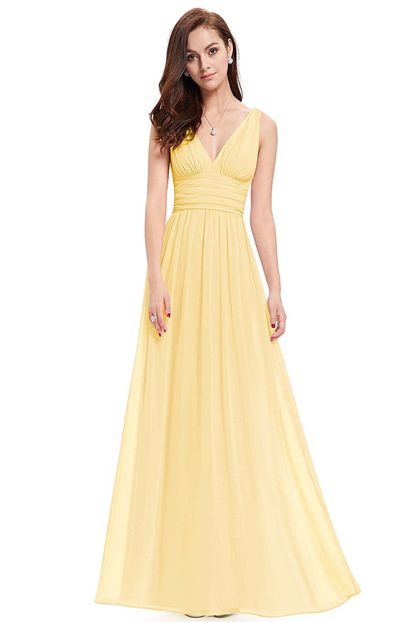 Butter Yellow Ruched V-Back Chiffon A-Line Bridesmaid Dress