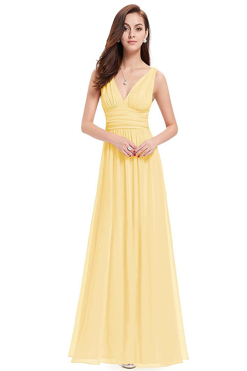 Butter Yellow Ruched V-Back Chiffon A-Line Bridesmaid Dress