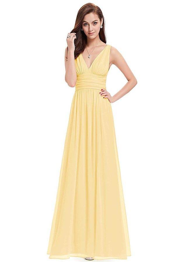 Butter Yellow Ruched V-Back Chiffon A-Line Bridesmaid Dress