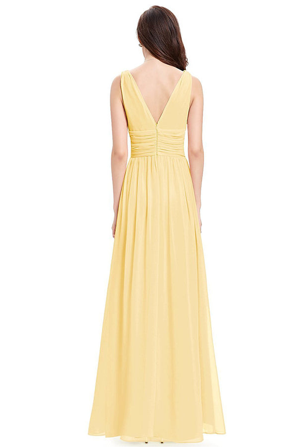 Butter Yellow Ruched V-Back Chiffon A-Line Bridesmaid Dress