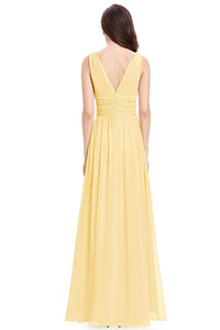 A-Line V-neck Floor-Length Tulle Prom Dresses With Ruffle
