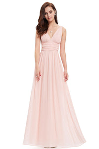 A-Line V-neck Floor-Length Tulle Prom Dresses With Ruffle