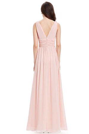 Pearl Pink Ruched V-Back Chiffon A-Line Bridesmaid Dress