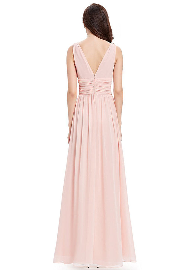 Pearl Pink Ruched V-Back Chiffon A-Line Bridesmaid Dress