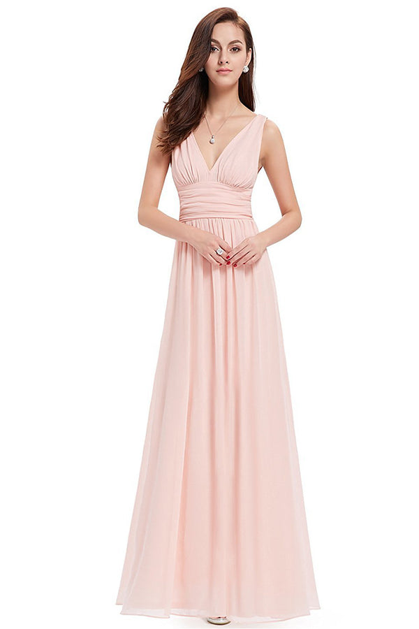 Pearl Pink Ruched V-Back Chiffon A-Line Bridesmaid Dress
