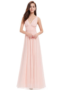 A-Line V-neck Floor-Length Tulle Prom Dresses With Ruffle