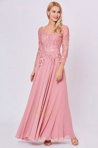 A-line Long Sleeves V-Neck Appliques Floor-Length Prom Dresses with Applique