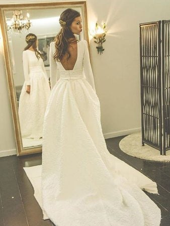 A-line/Princess Full/Long Sleeves Waistband Satin & Lace Long Bridal Wedding Dresses