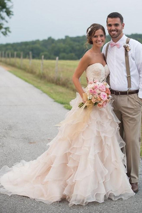 A-line Strapless Sweetheart Ruffles Chapel Train Bridal Wedding Dresses