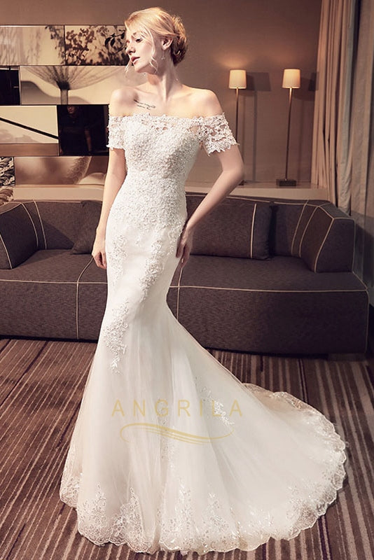 Elegant Trumpet/Mermaid Off-the-Shoulder Short Sleeves Beading Bridal Wedding Dresses