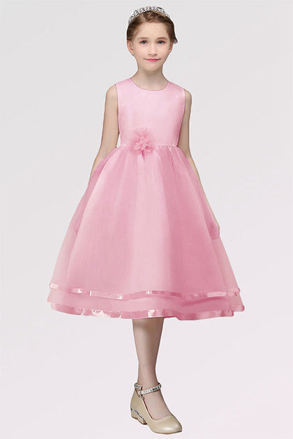 A-line Sleeveless Tea-length Flower Girl Dresses with Flower(s)
