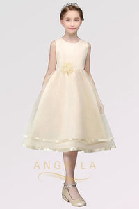 A-line Sleeveless Tea-length Flower Girl Dresses with Flower(s)