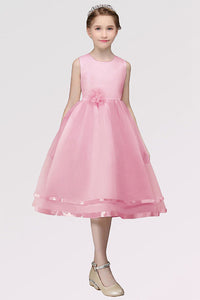 A-line Sleeveless Tea-length Flower Girl Dresses with Flower(s)