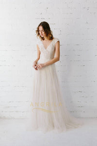 A-line V-neck Cap Sleeves Long Bridal Wedding Dresses