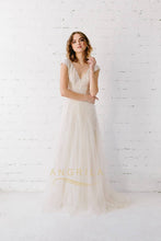 A-line V-neck Cap Sleeves Long Bridal Wedding Dresses