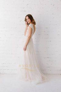 A-line V-neck Cap Sleeves Long Bridal Wedding Dresses