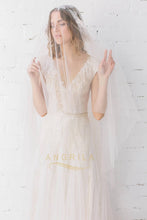 A-line V-neck Cap Sleeves Long Bridal Wedding Dresses