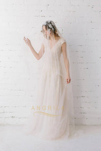 A-line V-neck Cap Sleeves Long Bridal Wedding Dresses
