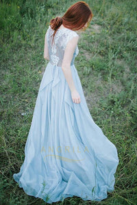 A-Line/Princess Scoop Neck Chiffon Prom Dress with Appliques Lace