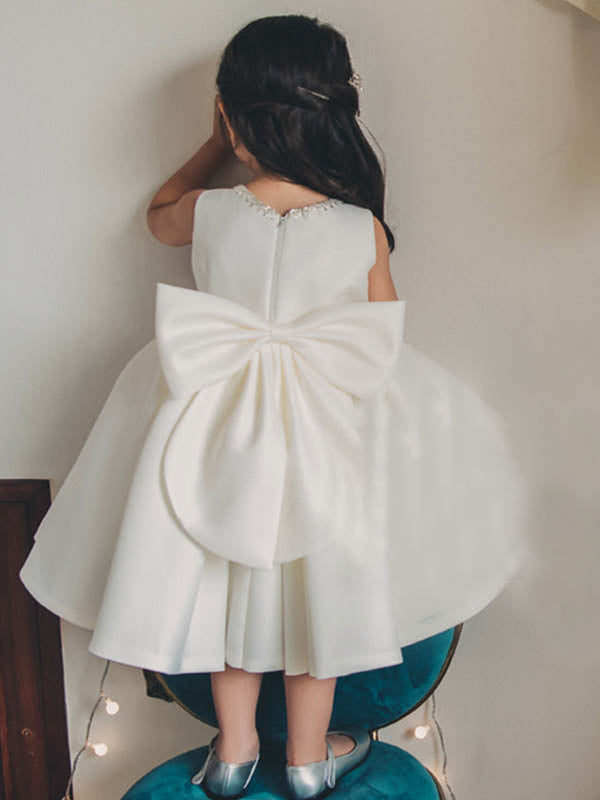 Bow-Back Pleated Satin A-Line Flower Girl Dress