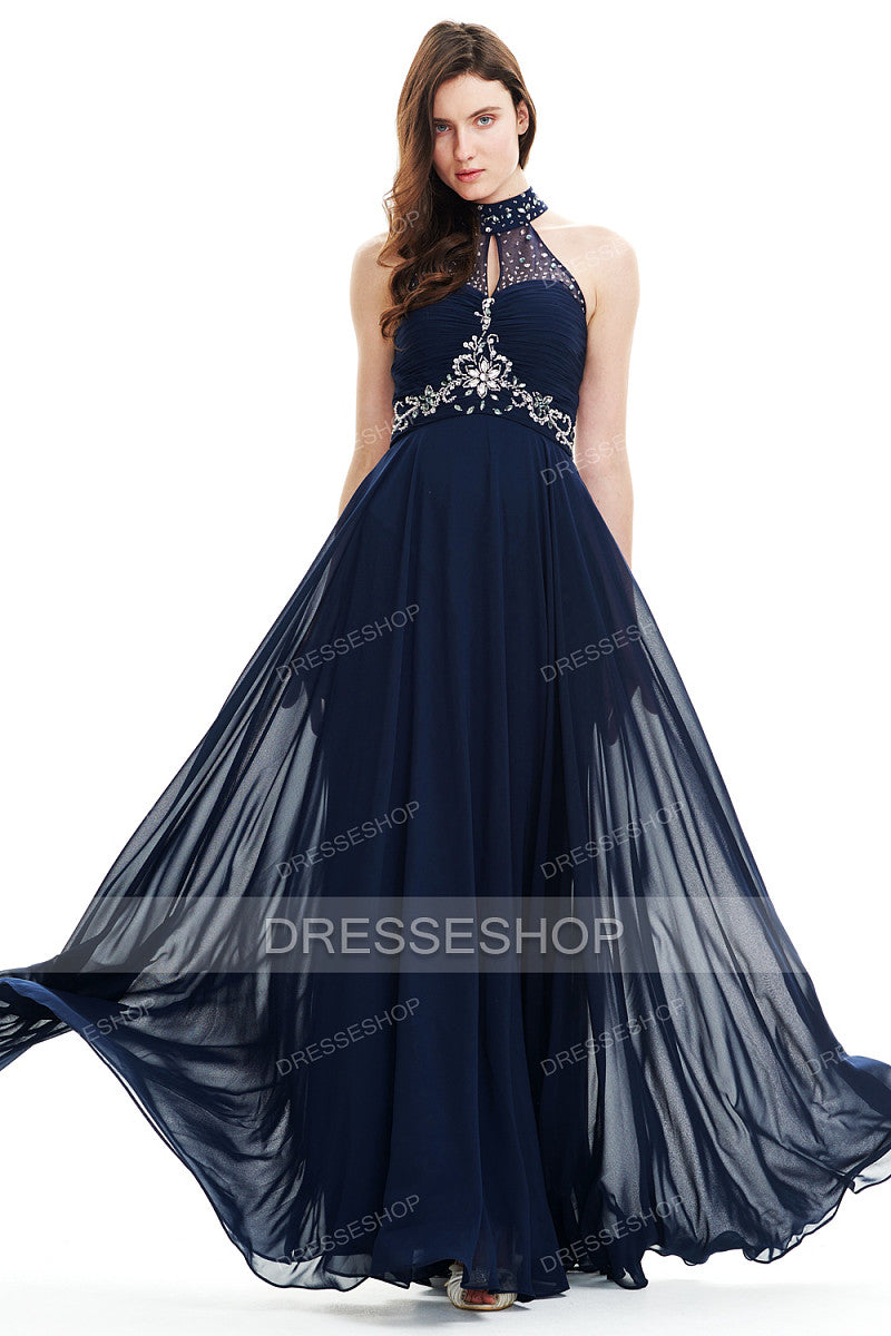 Keyhole-Back Halter Chiffon A-Line Evening Dress