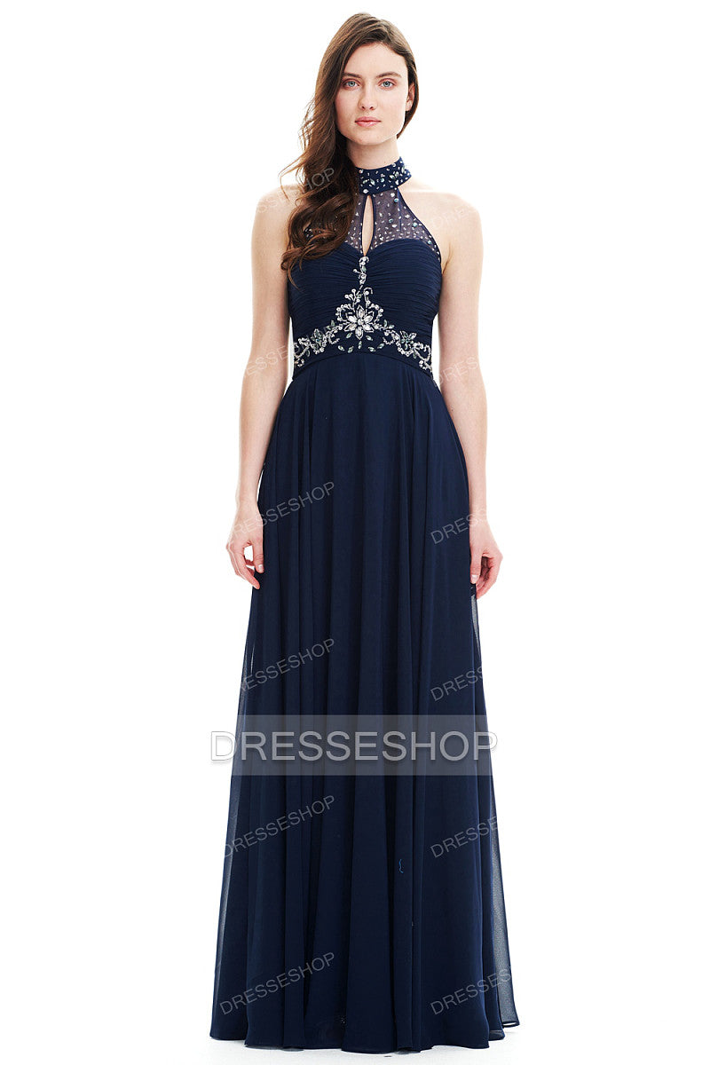 Keyhole-Back Halter Chiffon A-Line Evening Dress