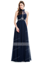 A-Line Halter Neck Floor Length Chiffon Prom Dresses With Sequins