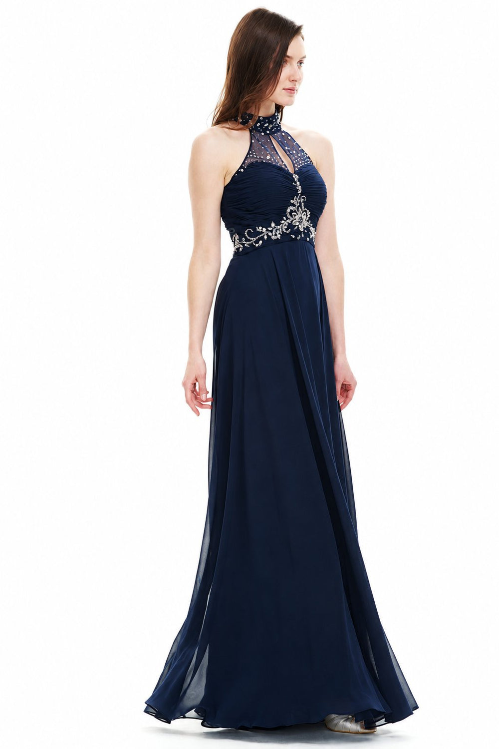 Keyhole-Back Halter Chiffon A-Line Evening Dress