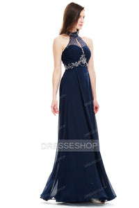 A-Line Halter Neck Floor Length Chiffon Prom Dresses With Sequins