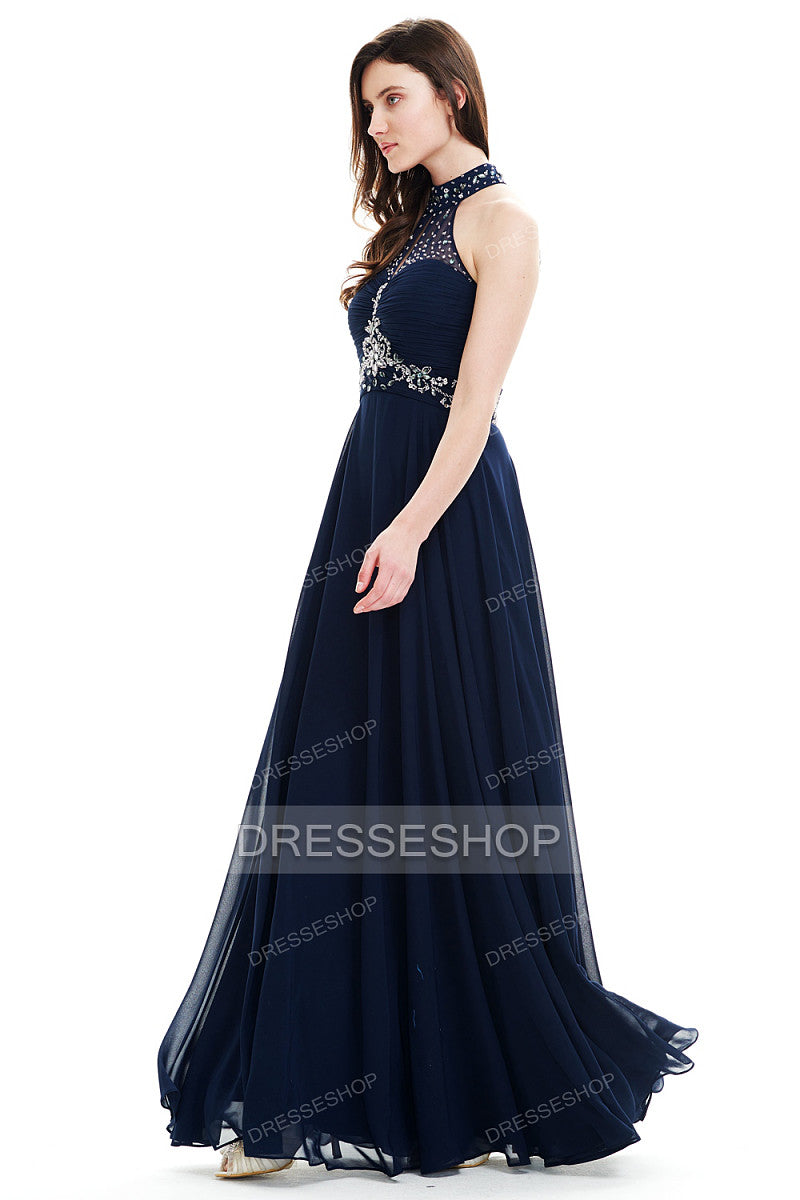 Keyhole-Back Halter Chiffon A-Line Evening Dress