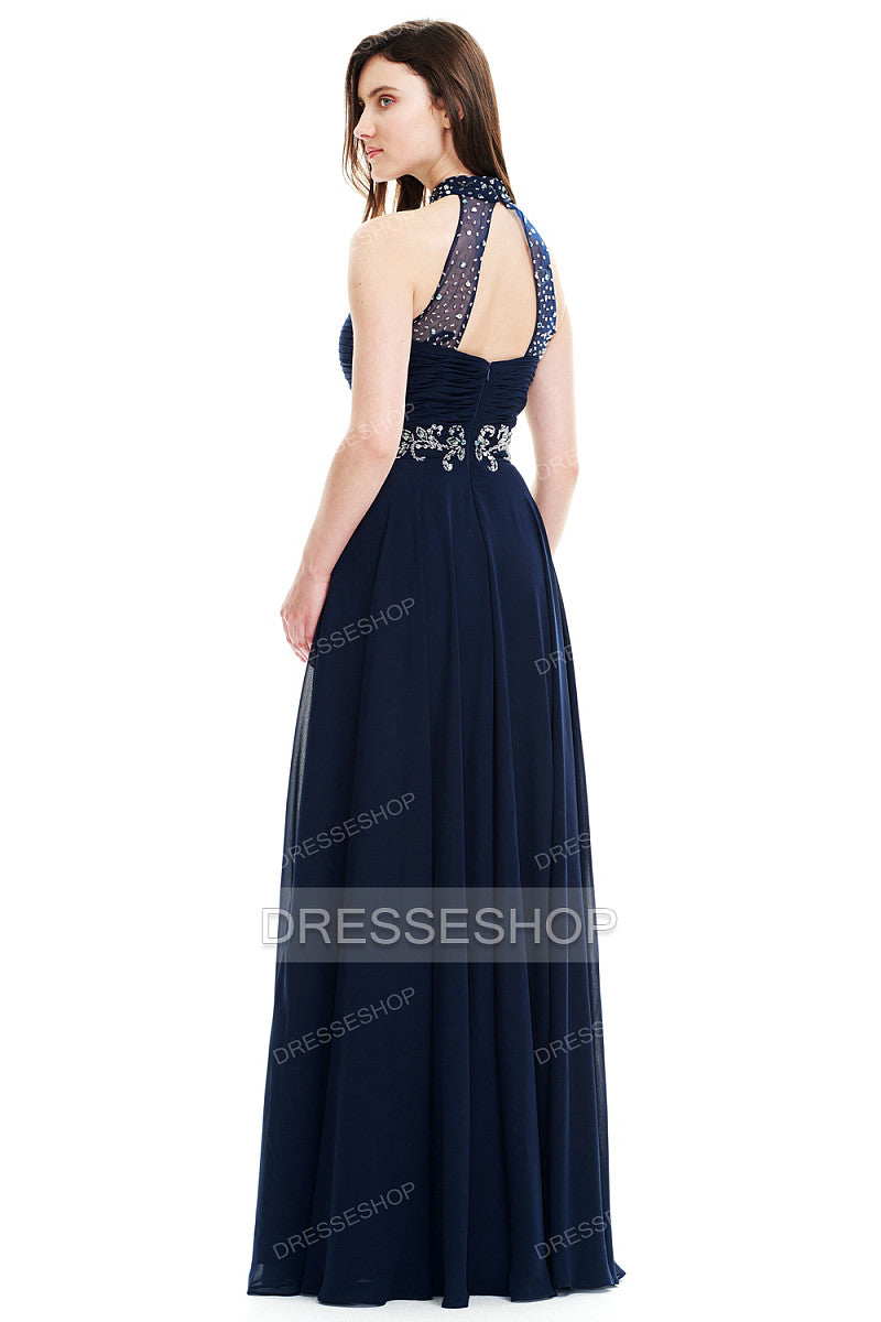 Keyhole-Back Halter Chiffon A-Line Evening Dress