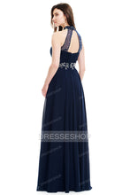 A-Line Halter Neck Floor Length Chiffon Prom Dresses With Sequins