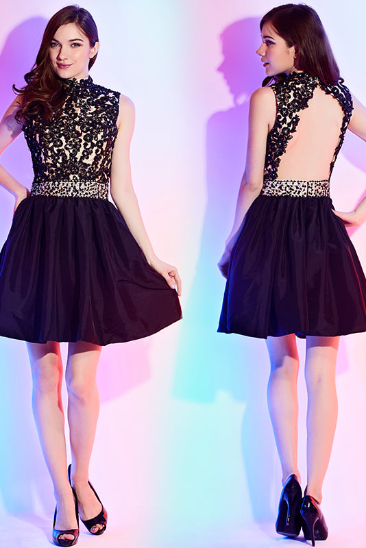 Black A-line Halter Lace Appliques Beading Short Cocktail Dresses Main image