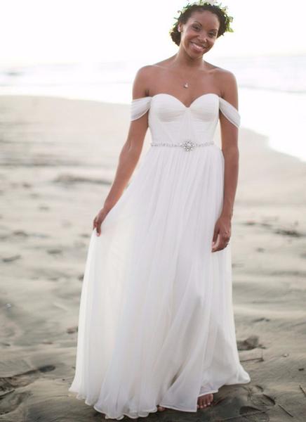 A-line Off-the-shoulder Sweetheart Beading Waistband Long Chiffon Beach Wedding Dresses