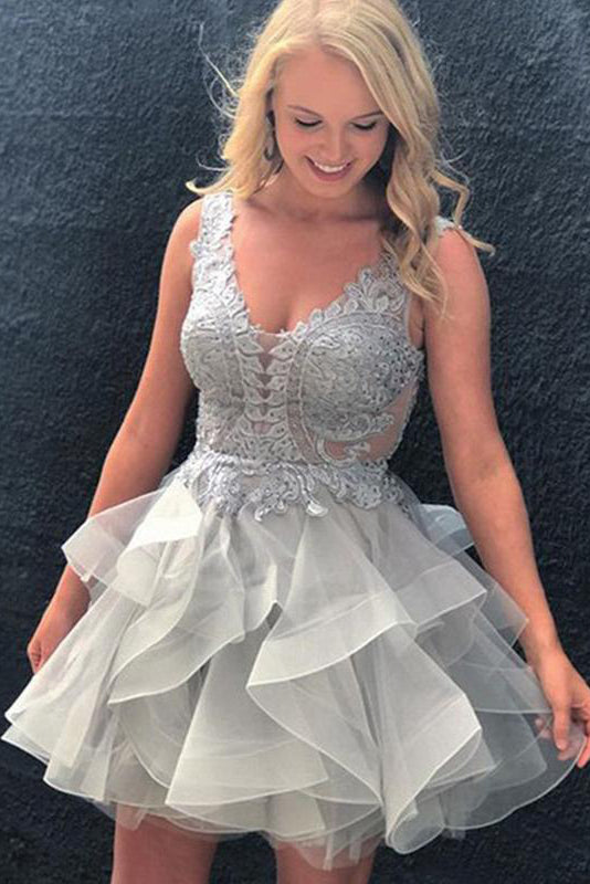 Glamorous V-Neck Ruffled Short Homecoming Dresses with Appliqued Bodice