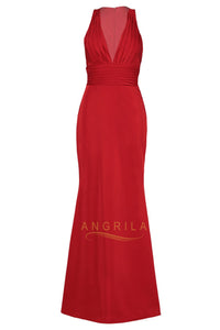 Sheath/Column Deep V-neck Pleated Long Satin Formal Prom Dresses