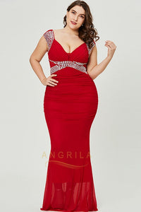 Plus Size Chiffon Floor-Length Prom Dresses with Crystals