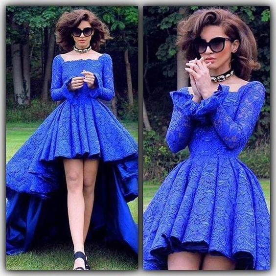Sweet Asymmetrical Long Sleeves Open Back Lace Prom Dresses
