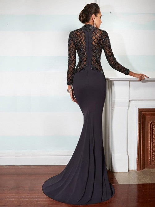 High-neck Full/Long Sleeves Lace Appliqued with Beading Long Jersey Evening Dresses Secondary image
