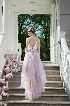 Long Spaghetti Straps Open Back Tulle Bridesmaid Dresses