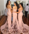 Lace and Matte Satin Mermaid Bridesmaid Dress with Lace-Inset Train