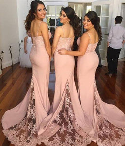 Vogue Trumpet/Mermaid Spaghetti Straps Lace Appliques Long Bridesmaid Dresses
