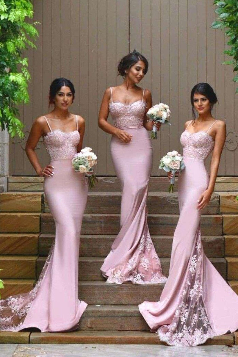 Vogue Trumpet/Mermaid Spaghetti Straps Lace Appliques Long Bridesmaid – Angrila