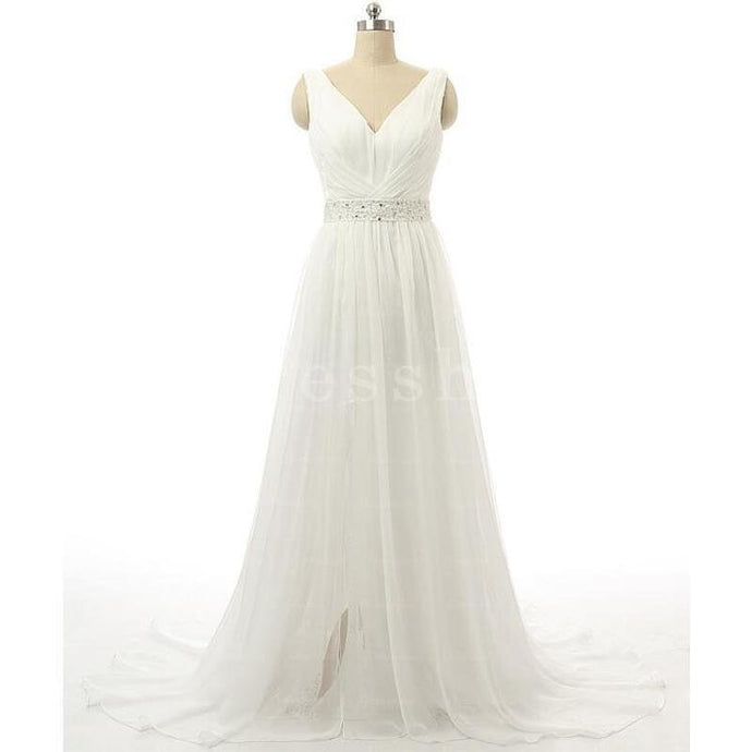 Ball-Gown/Princess V-neck Chapel Train Tulle Wedding Dress With Ruffle Beading