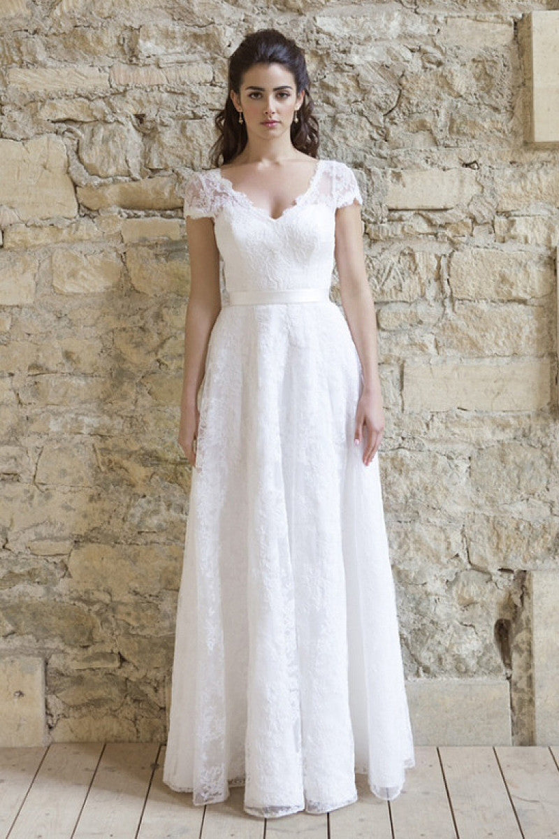 A-line/Princess V-neck Lace Cap Sleeves Floor-length Wedding Dress – Angrila