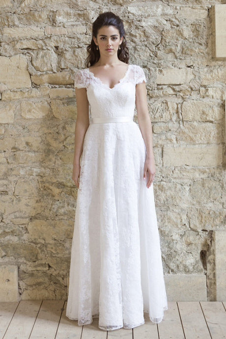 A-line/Princess V-neck Lace Cap Sleeves Floor-length Wedding Dress