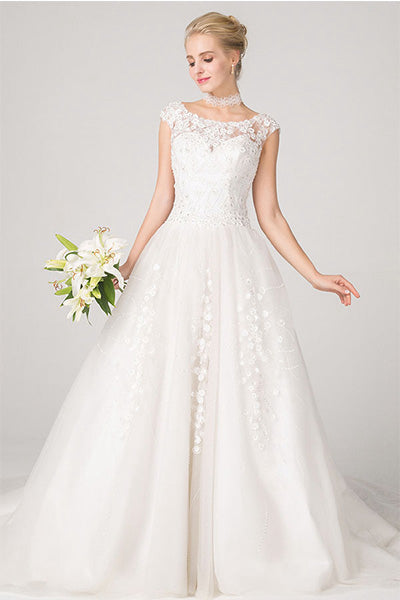 A-line Cap Sleeves Lace Appliques Beading Court Train Wedding Dresses