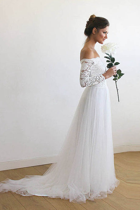 Off-the-Shoulder Long Sleeves Lace & Tulle Wedding Dresses